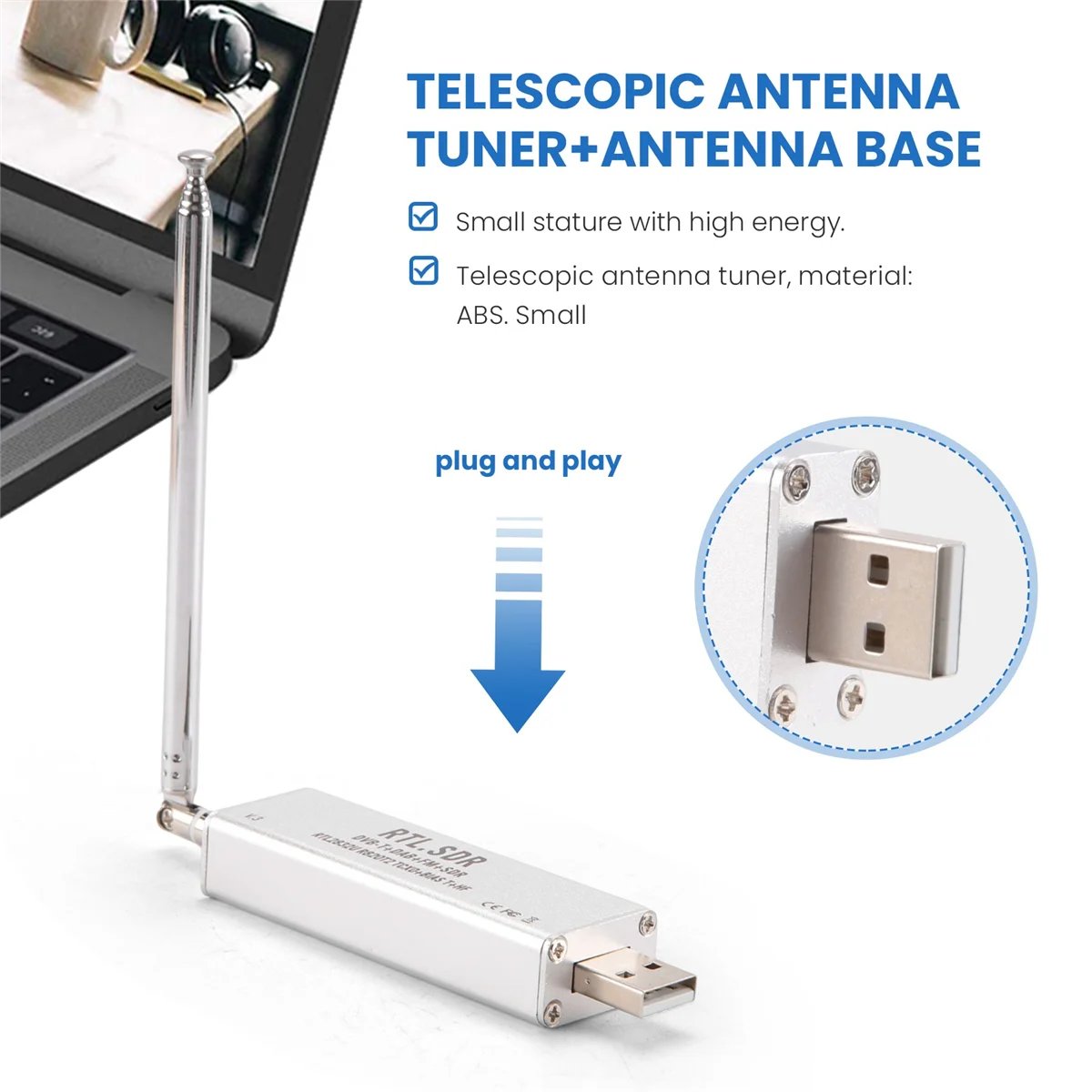 Sintonizador RTL-SDR R820T2 V3 RTL2832U, sintonizador de antena telescópica, Base de antena