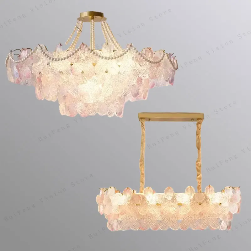 

French Style Colored Crystal Glass Chandelier with Cream Petal Pendant Lights for Luxury Living Room Bedroom and Dining Room Lig