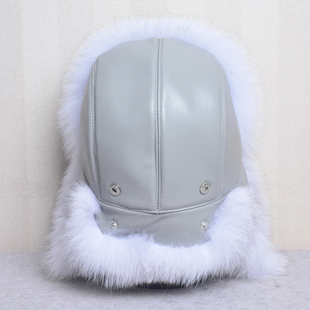 Genuine Silver Fox Fur Hat with Ear Flaps Real Natural Fur Caps for Russian Women Bomber Hats Trapper Cap with Real Leather Top