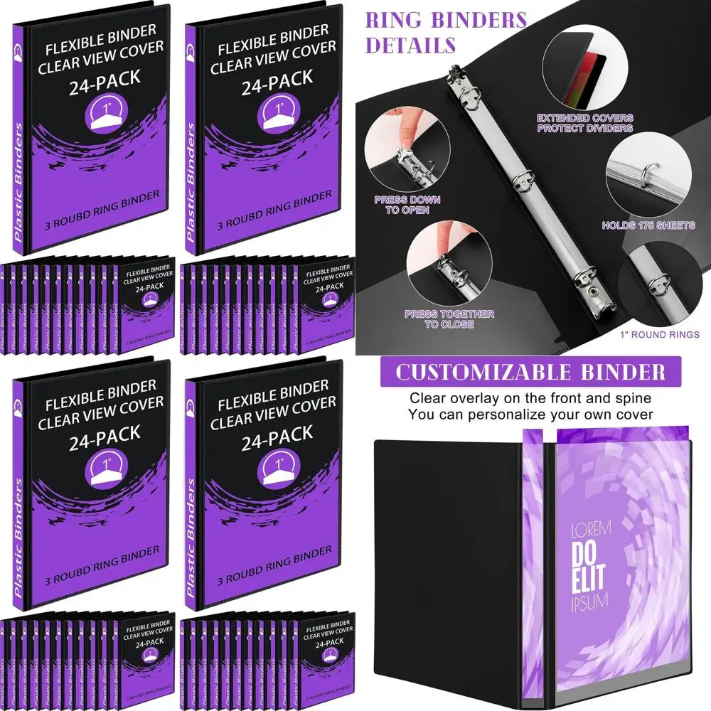 

Набор из 24 черных пластиковых папок-регистраторов на 3 кольцах (1 дюйм) с прозрачными обложками для дома или офиса