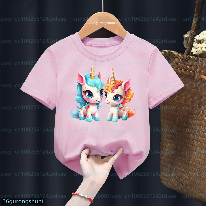 Kawaii Girls T-Shirt Funny Rainbow Unicorn Cartoon Print Kids Tshirt Fashion Girls Clothes Pink Shirt Cute Young Children tshirt