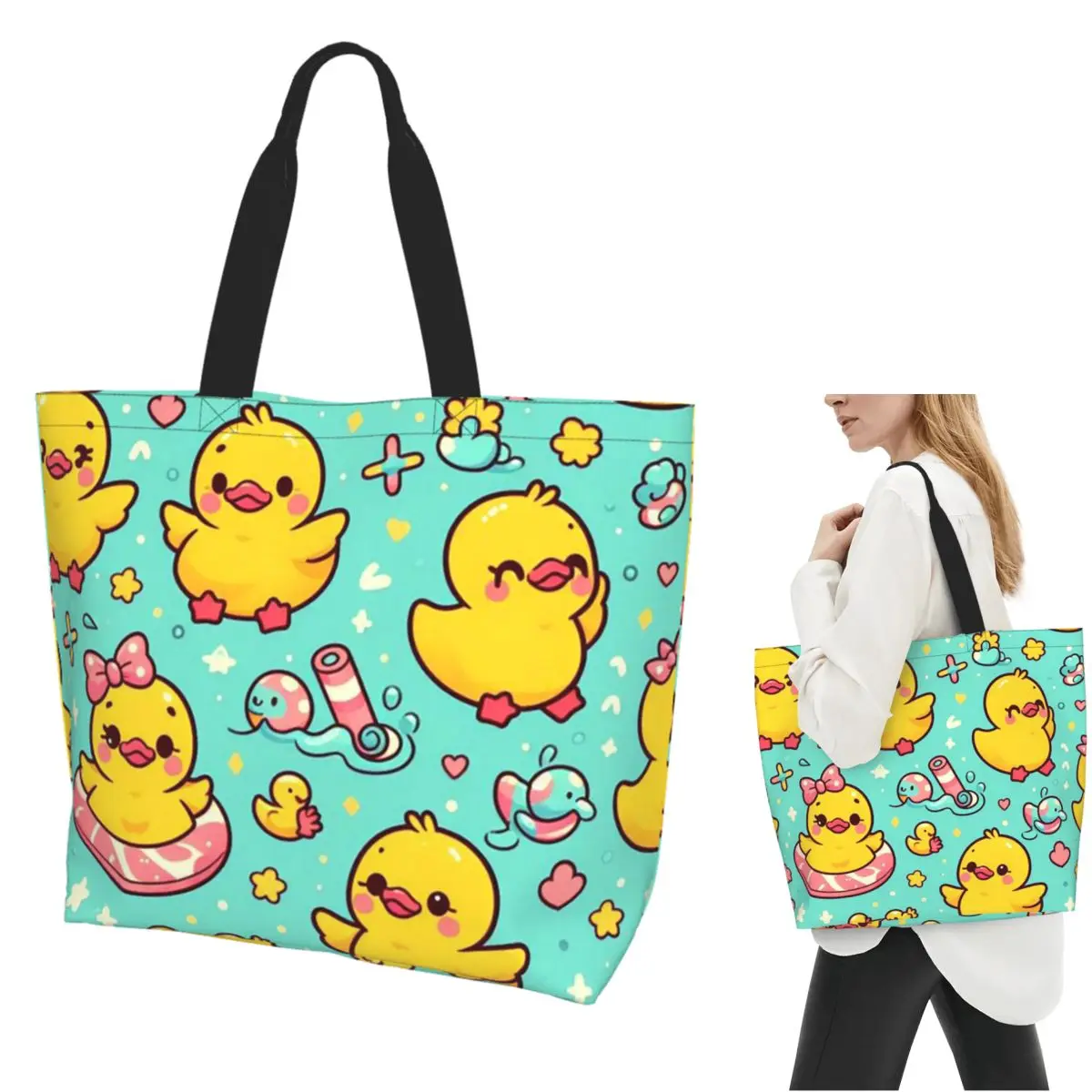 

Сумка-тоут с милой уткой и героями мультфильмов, холщовая сумка на плечо большой вместимости, продуктовая сумка для покупок для женщин