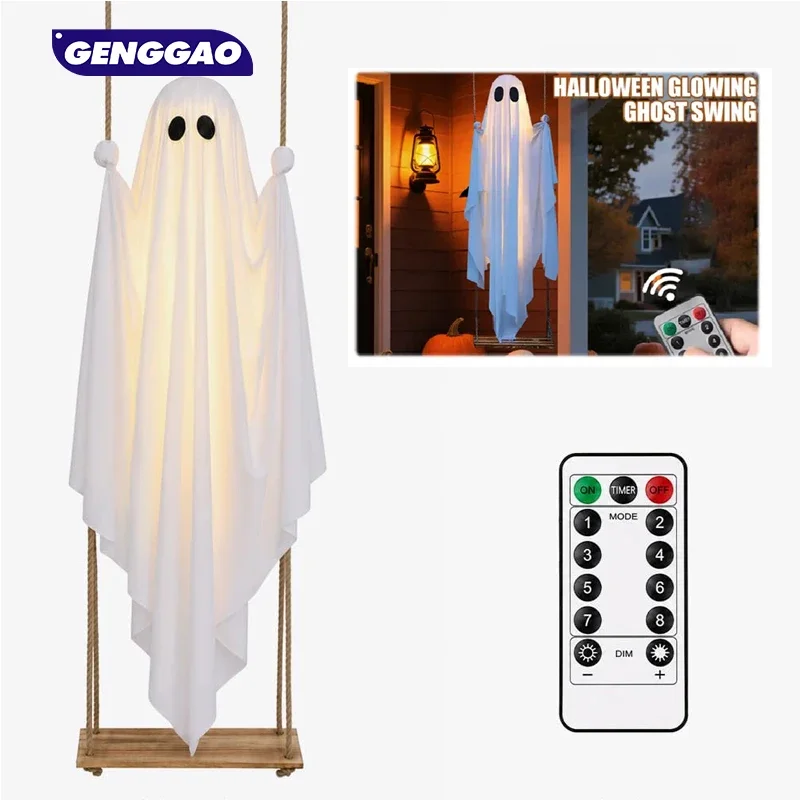 1PCS Hanging Ghosts Halloween Decorations with Warm Glow,Ghost Decor with Remote Timer, ,Screw Fixed Hang Rope,for Outdoor Tree