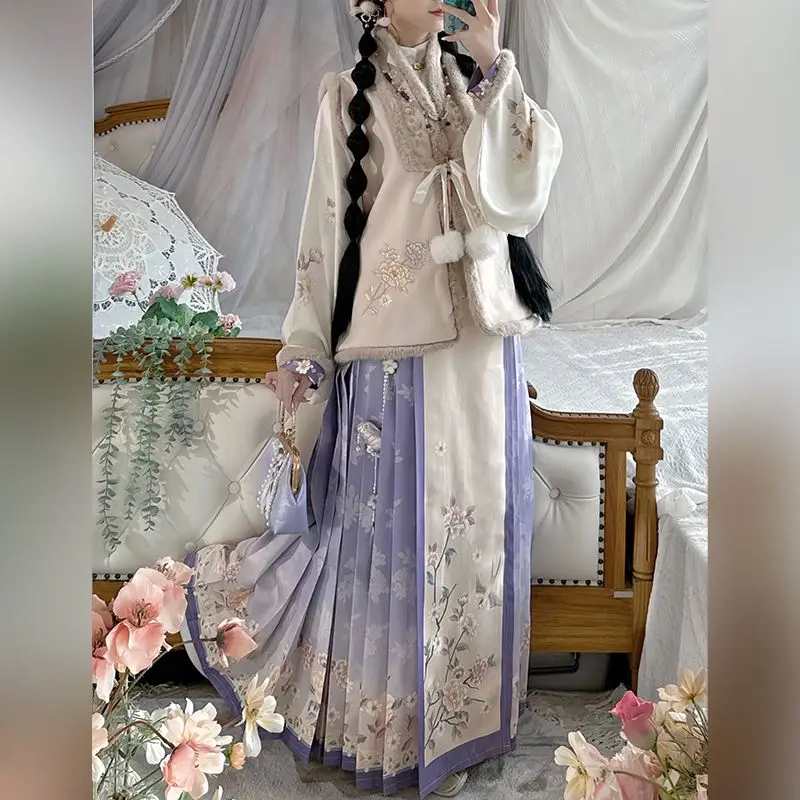 Розовое женское платье Hanfu Mingxian с вышивкой, теплый, чем воротник для ногтей, рукав Пипа, зимнее платье с изображением лошади, новогоднее платье