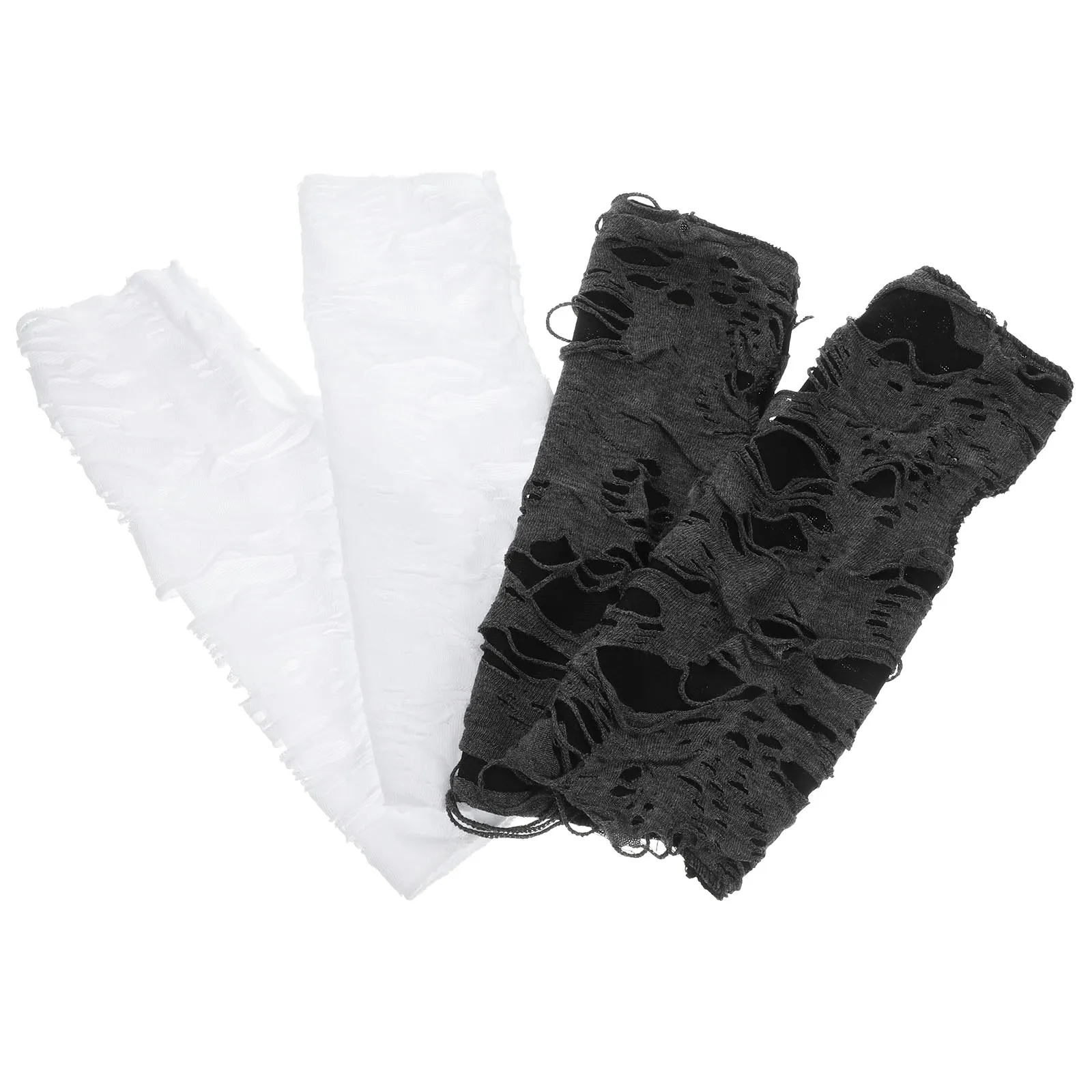 

2 Pairs Black White Fingerless Gloves Ripped Punk Gothic Halloween Party Costume Women Comfortable Durability Washable Stylish