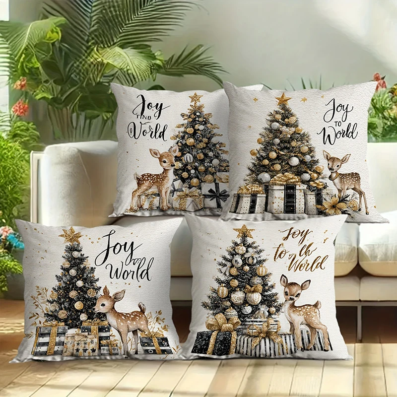 Golden Christmas Deer & Tree Throw Pillow Covers, 