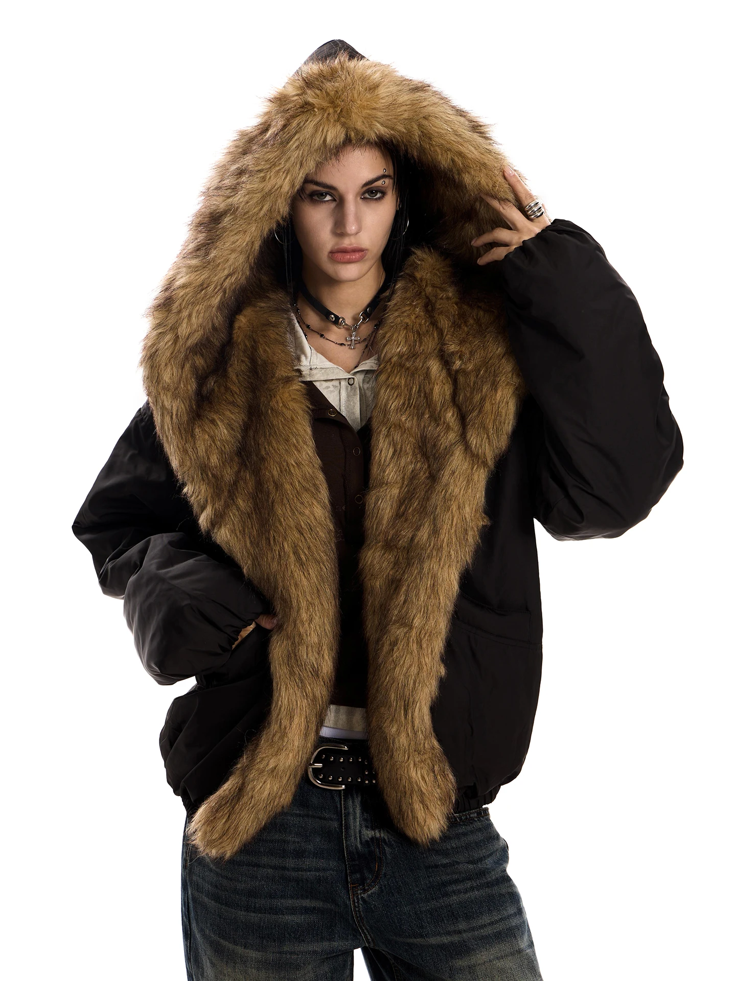 

Loose Fit Hooded Jaet with Fur Collar for Men And Women Street Sle Cotton Padded Coat Warm Outerwear by 023start