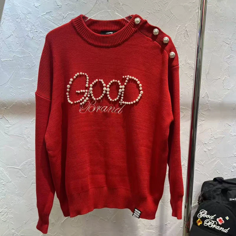 Nuevo estilo coreano buen Top Pearl Knight suéter de punto abotonado de un solo hombro cuello redondo Goodbrand pulóver suelto Casual Stock