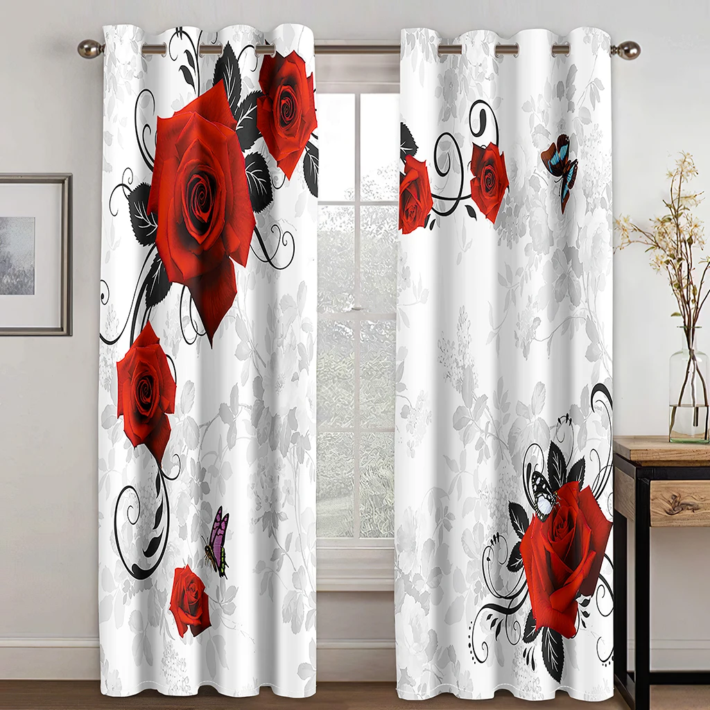 

Red Rose Flower Organza Curtains for Bedroom and Living Room, Modern Voile Drapes, Decorative Curtains, Plant Window, 2 Pieces