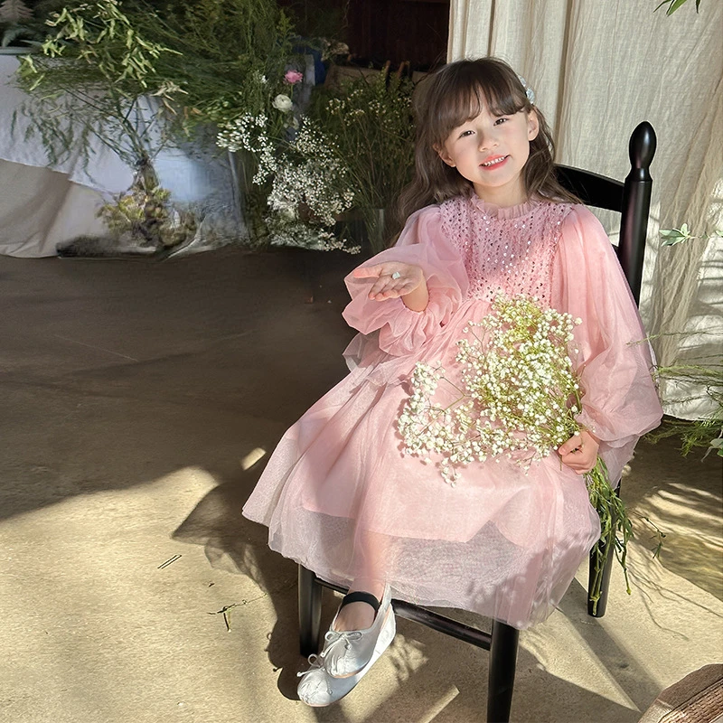 Children Long Sleeved Sequin Dress Girls Fairy Cake Ball Gown Gauze 2024 Spring Summer New Princess Fashion Active Pink Solid