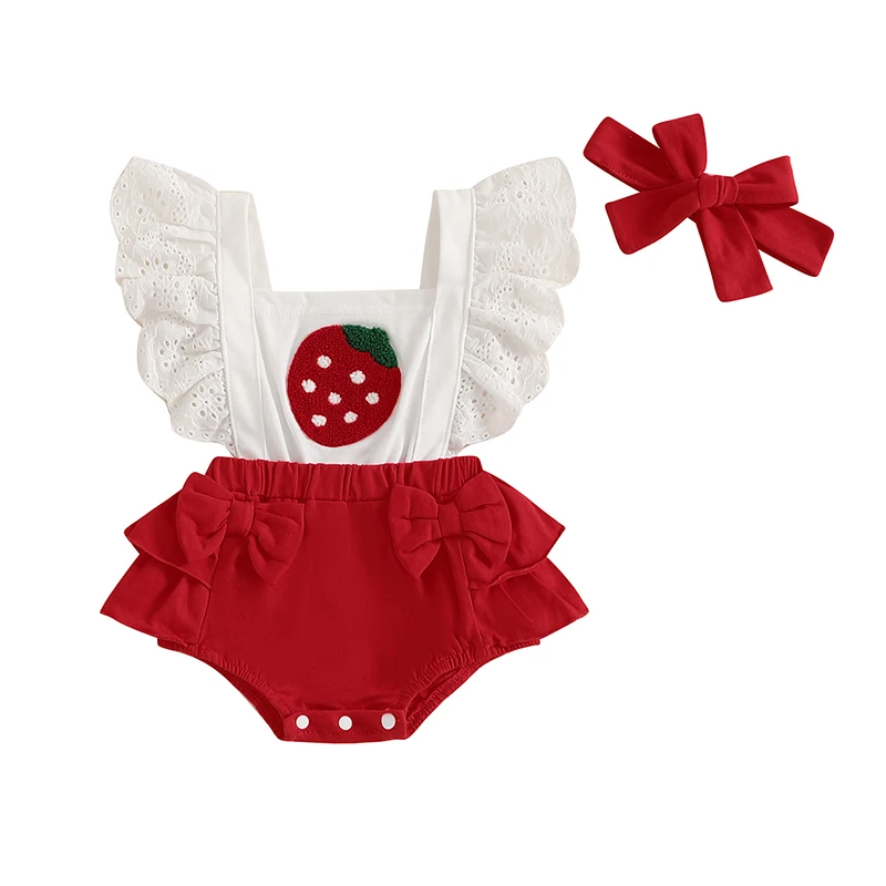 

Strawberry Outfit Baby Girl Strawberry Print Bubble Romper Ruffle Bodysuit Sleeveless Overalls Jumpsuit Headband Set