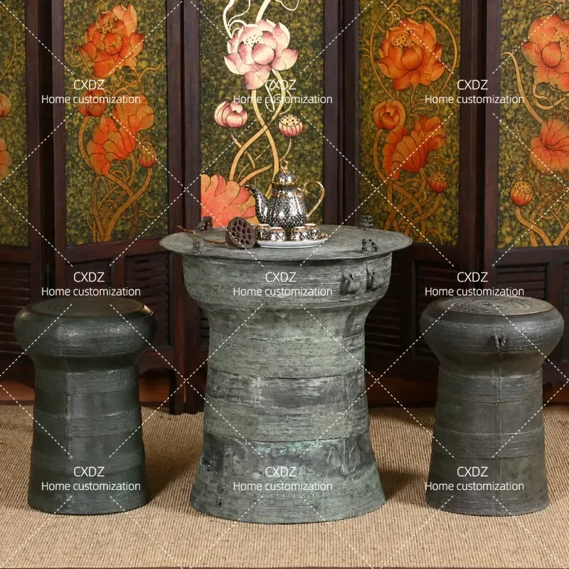Clearance Bronze Balcony Tea Table and Chair Set Thai Antique Style Living Room Round Small Coffee Table Furniture