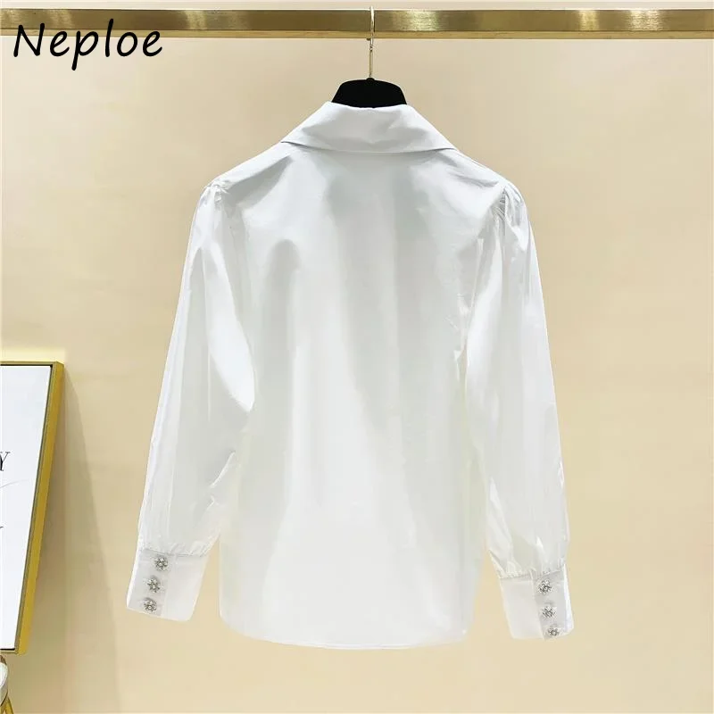 Neploe Vintage Blusas Mujer De Moda Turn Down Collar Beading Diamonds Blouses Solid Color Long Sleeve Single-breasted Shirts