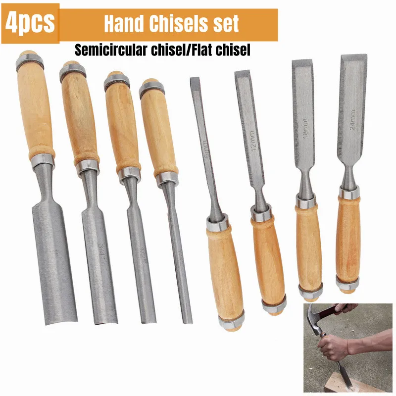 4pcs Semicircle Inner Edge Wood Carving Chisel Woodworking Gouge Hand Chisel Tools Set for Carpenter / Hobbyists /Personal DIY