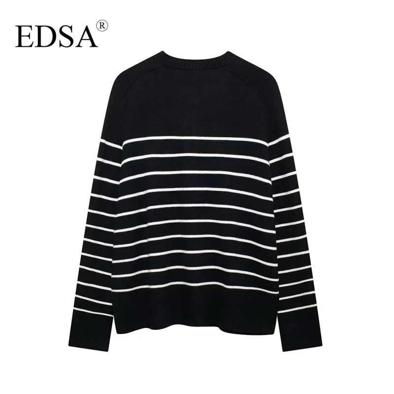 EDSA Women Black Striped Knit Cardigan Round Neck Jacket Long Sleeves Side Vents Single Breasted Golden Buttons Sweater Coat