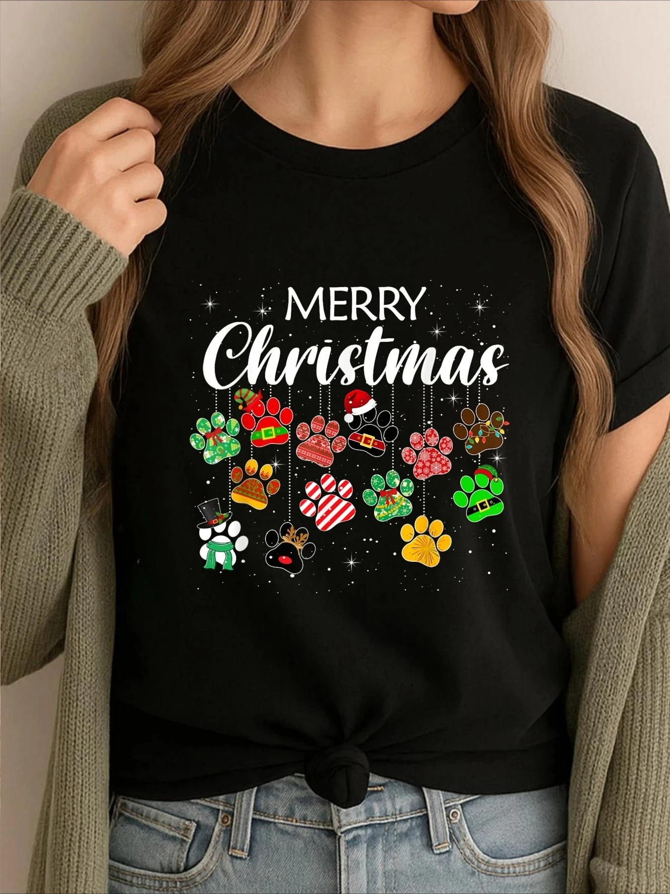 

2025 Merry Christmas Dog Paw Print Buffalo Plaid Ugly Xmas Woman T Shirts Funny Printed Woman Short Sleeve Tee Christmas Tops