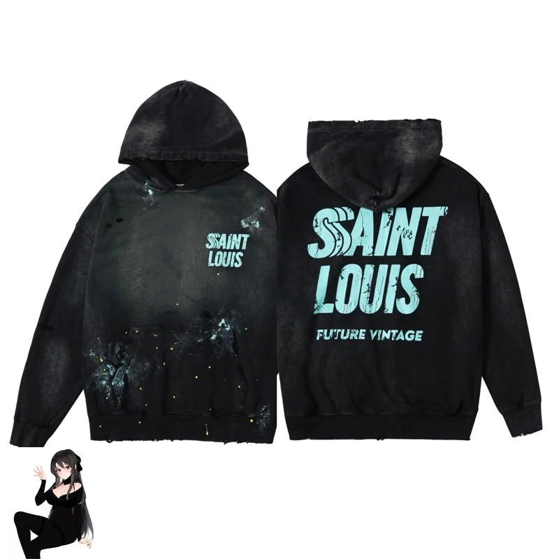 2024 SAINT LOUIS Inkjet Washed Do Old Letter Logo Print Hoodie Heavy Hole Damaged Sweatshirts Men Women Winter Autumn Pullover