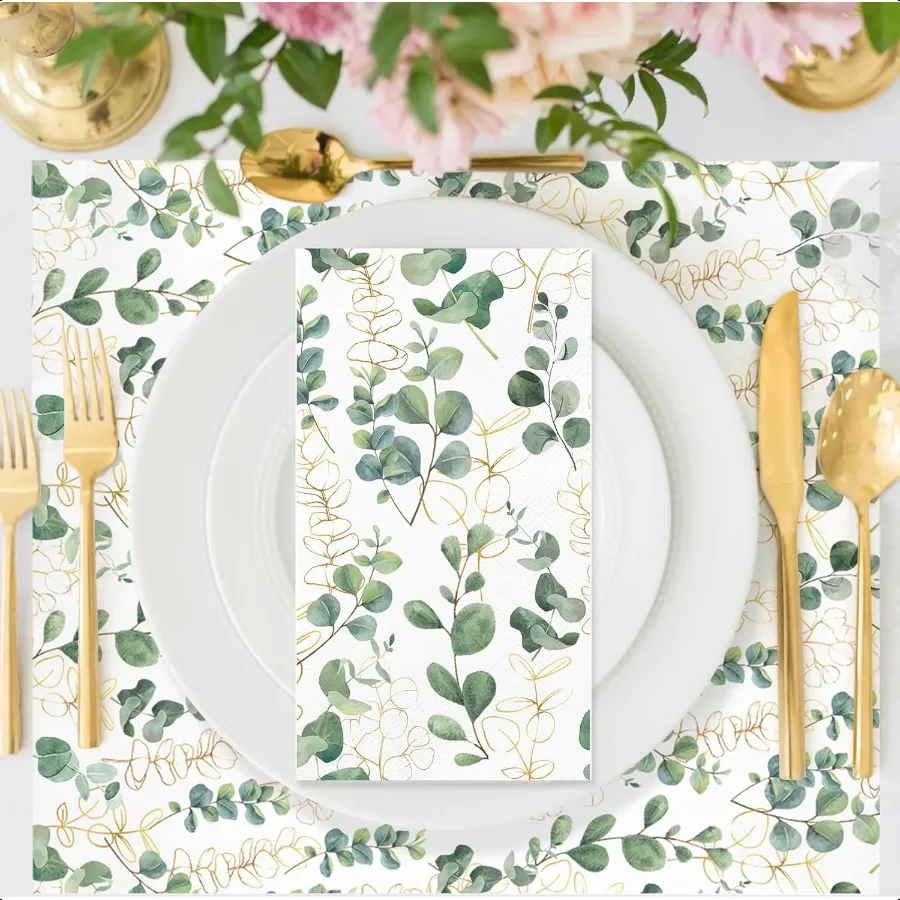 100PCS Greenery Paper Napkins 3 Ply  Hand Towels for Bathroom Green Eucalyptus Leaf Guest Napkins Decorative Dinner Napkins for