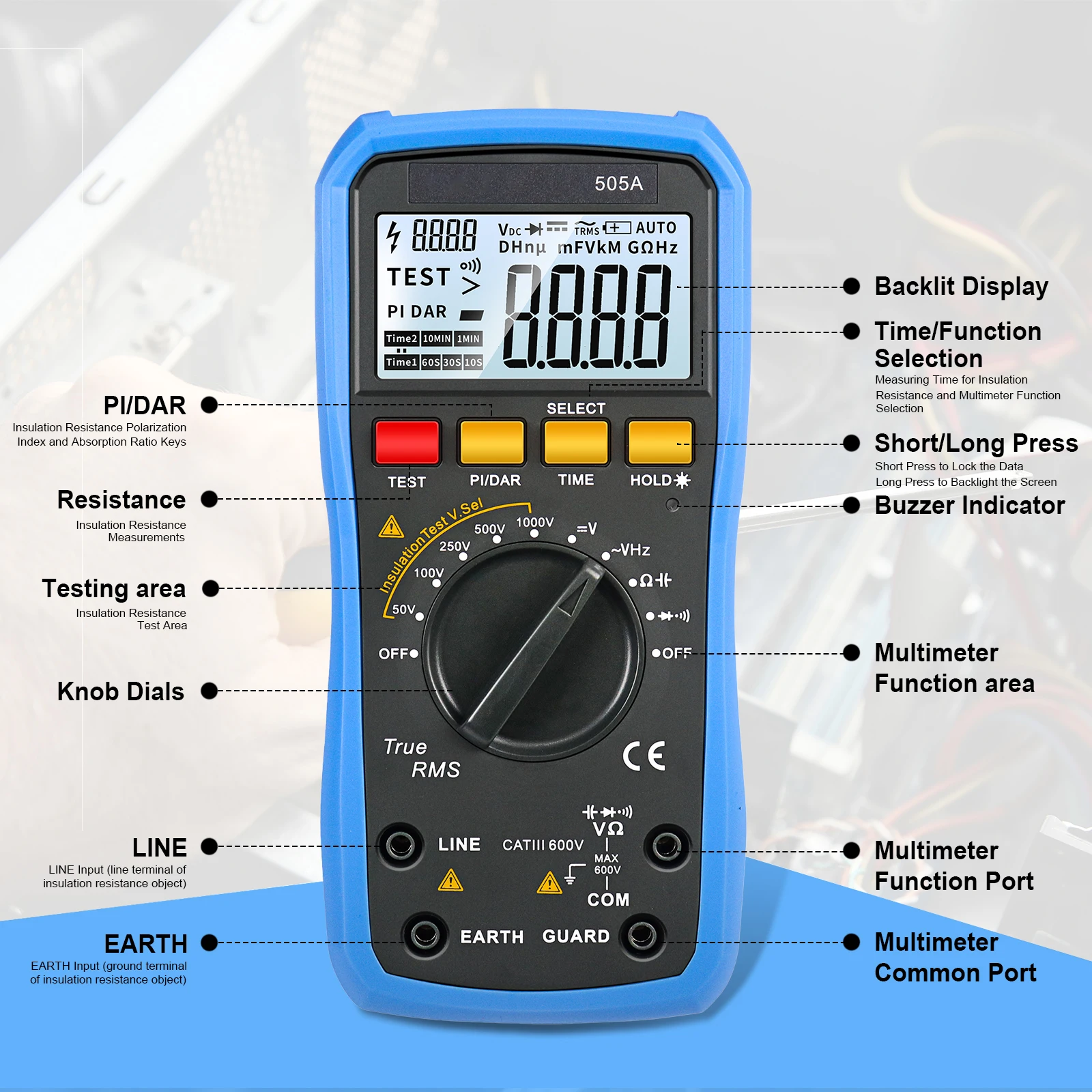 SK-505A 2 in 1 Digital Megohmmeter Multimete 50V-1000V 20GΩ Insulation Resistance Meter DAR PI AC/DC Voltage