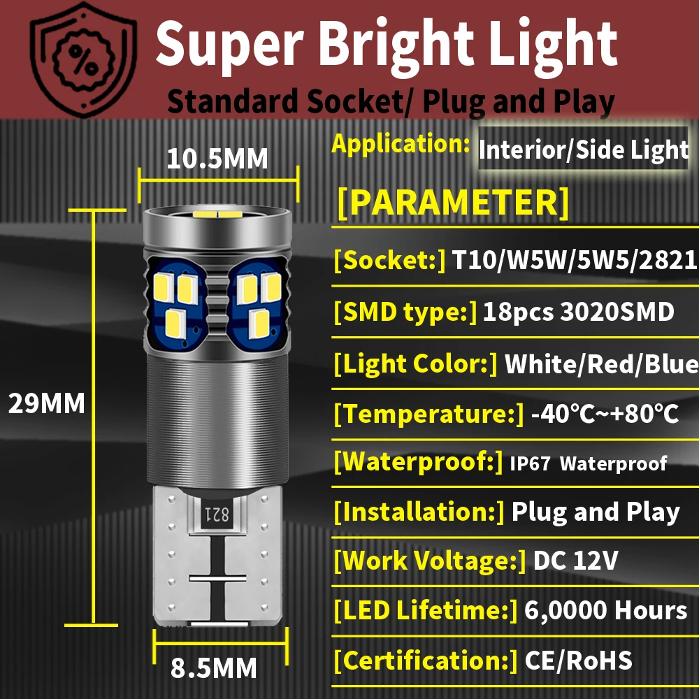 W5W LED T10 168 194 LED Bulbs Canbus 3020SMD For Car Parking Position Lights Interior Map Dome Lights 360 Degree Lighting