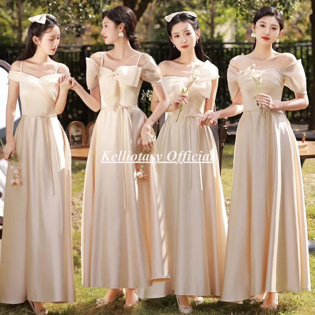 

Custom Made Champagne Bridesmaid Dress For Wedding Guest Bridesmaid Girls Group Dresses With Different Neckline XXHS018