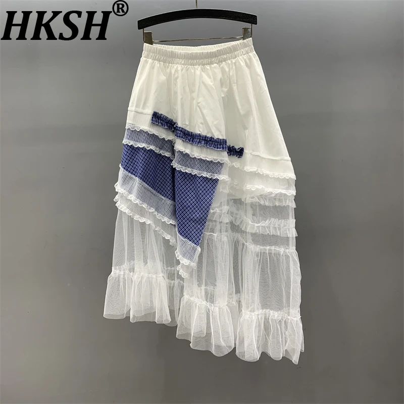 

HKSH Новая летняя женская модная юбка с оборками, прозрачная сетчатая лоскутная юбка контрастного цвета с эластичной резинкой на талии, милые элегантные юбки трапециевидной формы HK10381