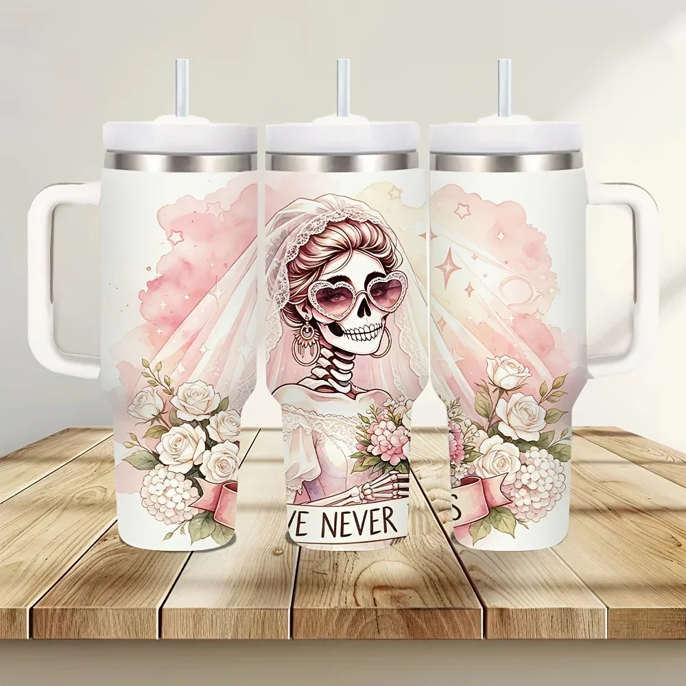 40oz Insulated Tumbler with Handle, Pink Floral Skeleton Bride Print, Keeps Hot And Cold Drinks, Suitable for Women Daily Use, Ideal for Outdoor Travel And Home Daily Scenarios