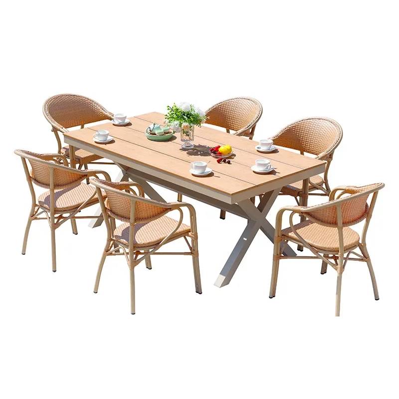 

Outdoor plastic wood mesh tables and chairs Modern simple chairs Thickened imitation wood