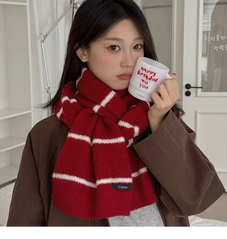 Australian Wool Scarf Korean Style Ins Fashion Knit Warm Winter Scarf Red New Year Scarf