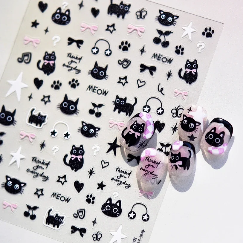 Cute Black Cat Bowknot Music Kitty Paw Prints Star Love Heart Cherry Meow Egyptian Fish Pharaoh Nail Art Stickers Manicure Decal