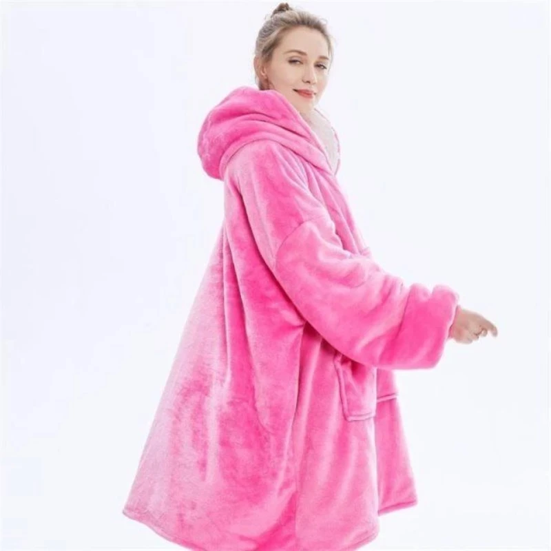 Winter Plush Fleece Sherpa Blanket Warm Pocket Hoodie TV Blankets Loose Long Cold-proof Women Sweatshirts