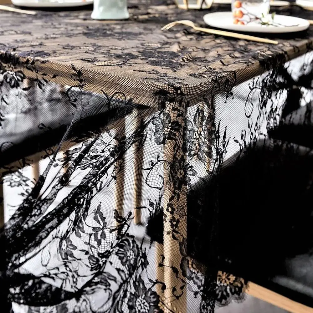 Embroidered French Lace Table Runner Elegant Pure White/Black Floral Lace Table Cover Reusable Easy To Clean