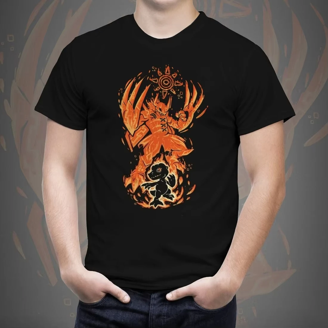 

Bandai Digimon Adventure Tshirt WarGreymon Silhouette Graphic Tee Agumon Evolution Orange Print Men Streetwear Casual Cotton Top