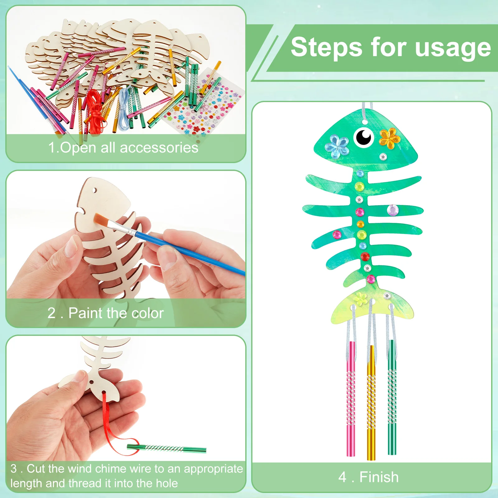 12pcs Fish Wind Chime Kit Wooden DIY Colorful Fish Bone Wind Chime Crafts Creative Fish Bone Hanging Ornaments For Party Favors
