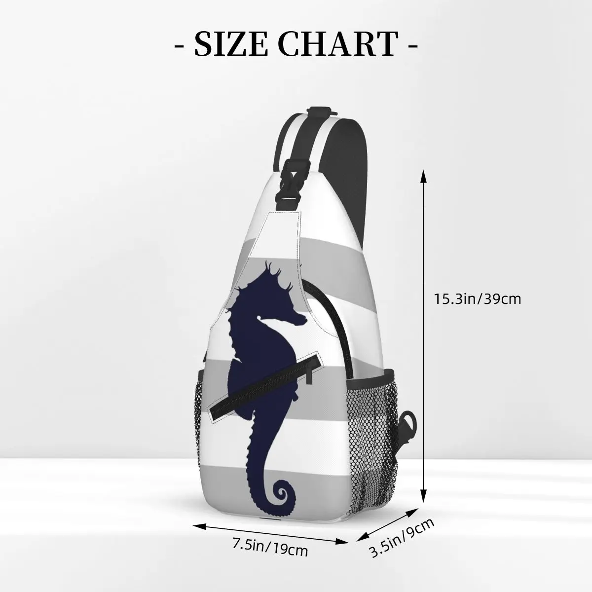 Nautical Navy Blue Seahorse On Silver Gray Stripes Chest Bag Men Sling Crossbody Backpack Chest Bag Hiking Daypack Shoulder Bag