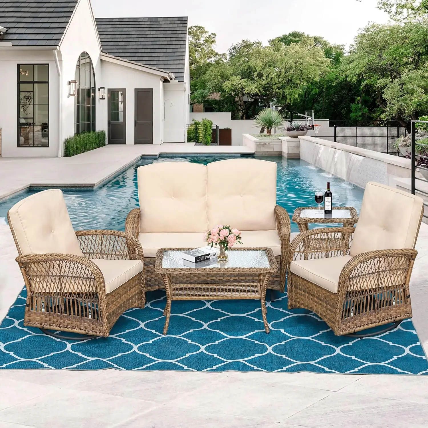 

5 Pieces Outdoor Patio Rattan Furniture Sets All Weather Patio Wicker Conversation Set - 2 Rocking Swivel Chairs 1 Rattan