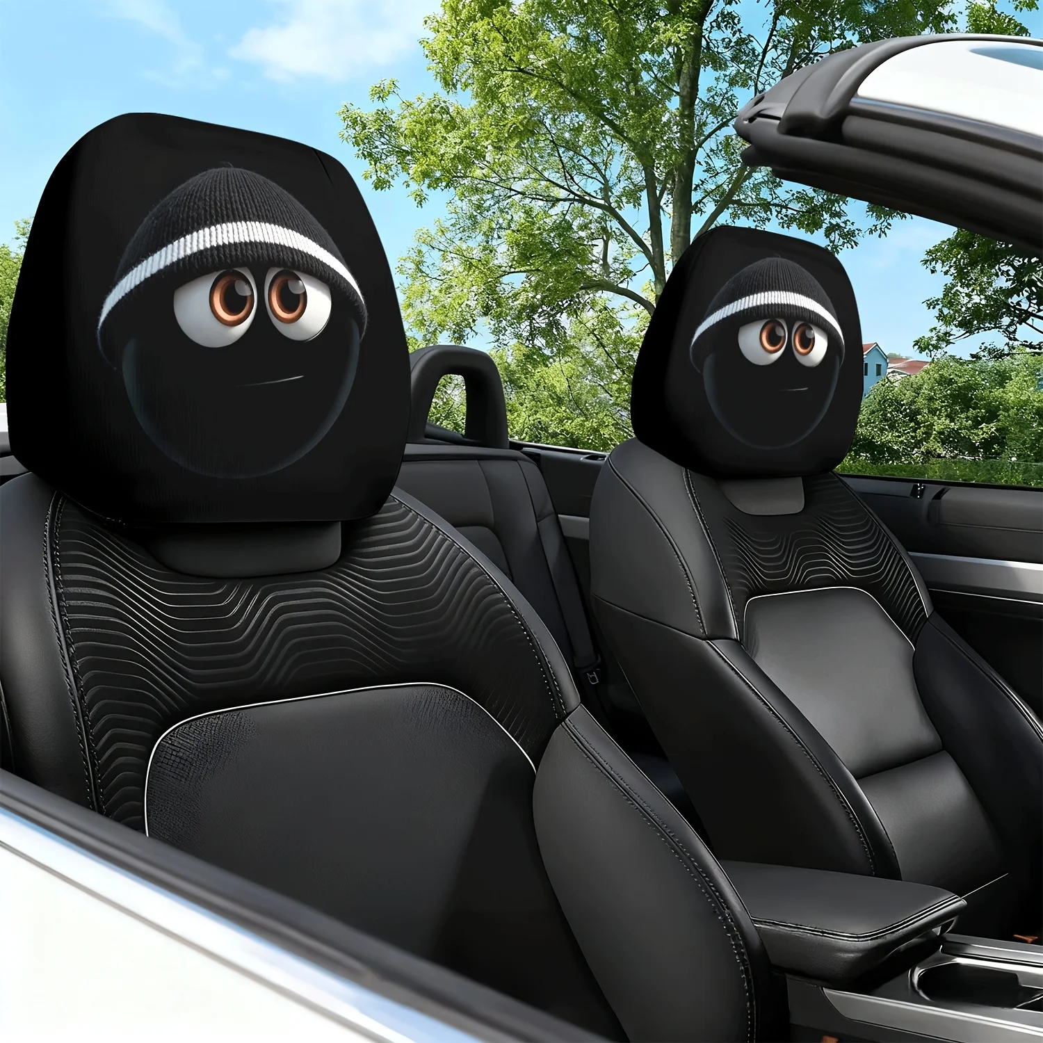 2pcs Mysterious Eyes And Knitted Hat Themed Print Car Seat Cushion Headrest Neck Pillow Cover - with Cute Design - Car Interio