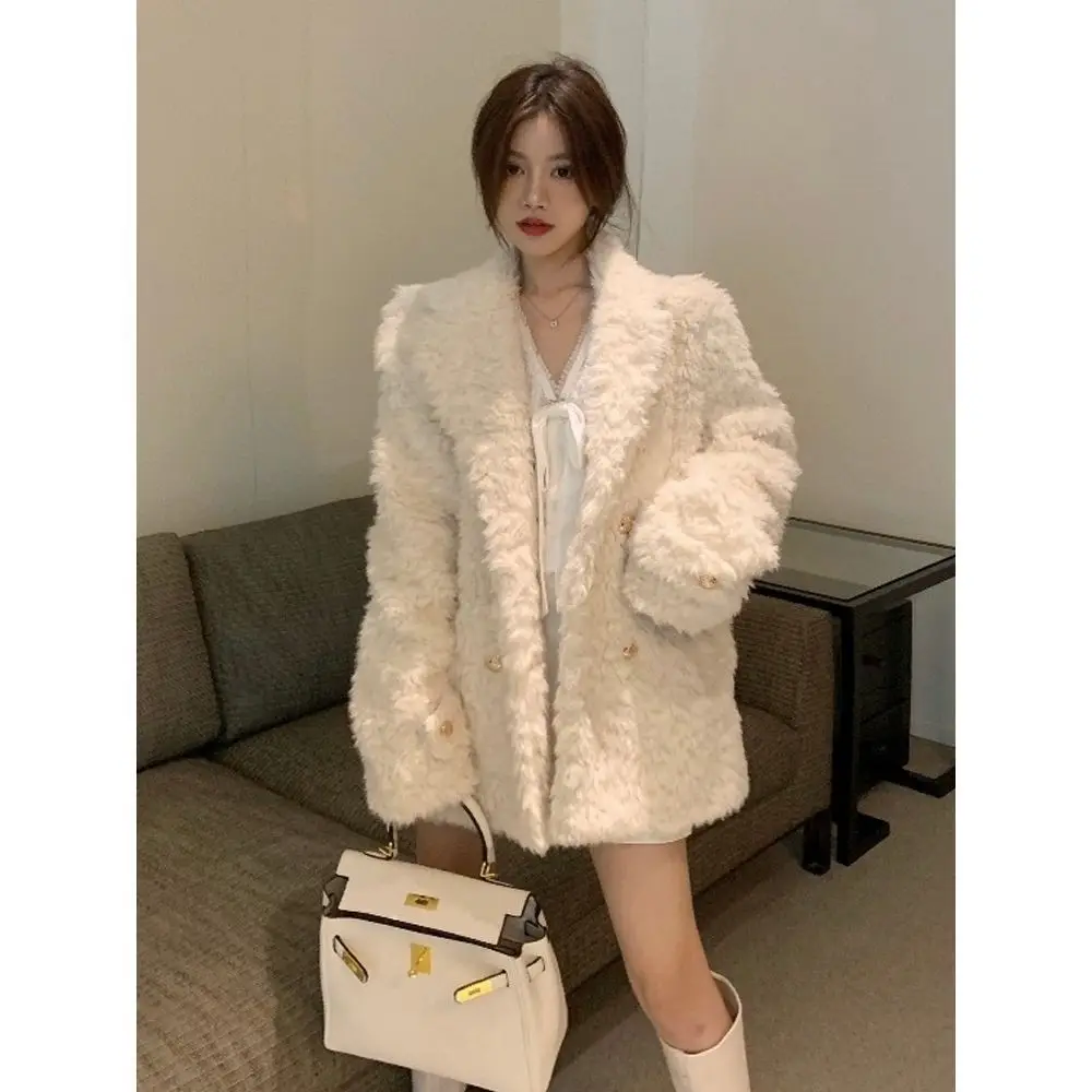 Winter Warm Fluffy Faux Fur Coat Women Lambswool Jacket Lapel Long Sleeve Vintage Luxury Outerwear Korean Fashion New Fur Jacket