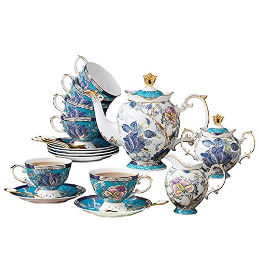

Tea Sets for Adults, Tea Sets for 6 - Tea Pot Sets Blue, Porcelain Tea Sets for Women with 24K Gold, Fine Bone China, Vintage B