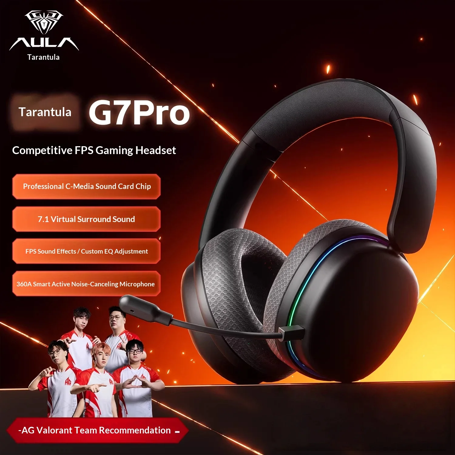 

Игровая Bluetooth-гарнитура AULA G7 Pro Over Ear с объемным звуком 7.1, звуковой картой C Media, микрофоном 360 AI ANC, настраиваемым эквалайзером, RGB-подсветкой для киберспорта и FPS