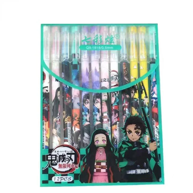 12pcs Demon Slayer penne Gel Anime Figure Kamado cancelleria materiale scolastico inchiostro nero penna neutra ad asciugatura rapida regali di