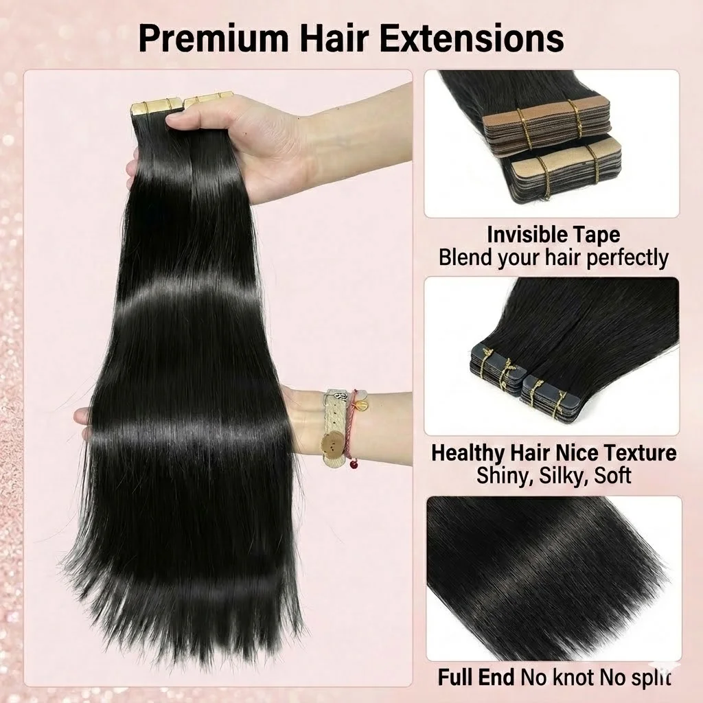 PU SKin Invisible Seamless Silky Straight Tape In Extensions 100% Human Hair 24 inch 21pcs/pack Ins Hair Extension Natural Color image 2