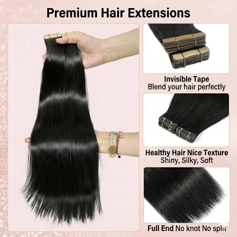 Cinta de extensión de cabello humano 100% adhesiva, color negro natural, 21 piezas, sin costuras, reemplazable, para mujeres 2
