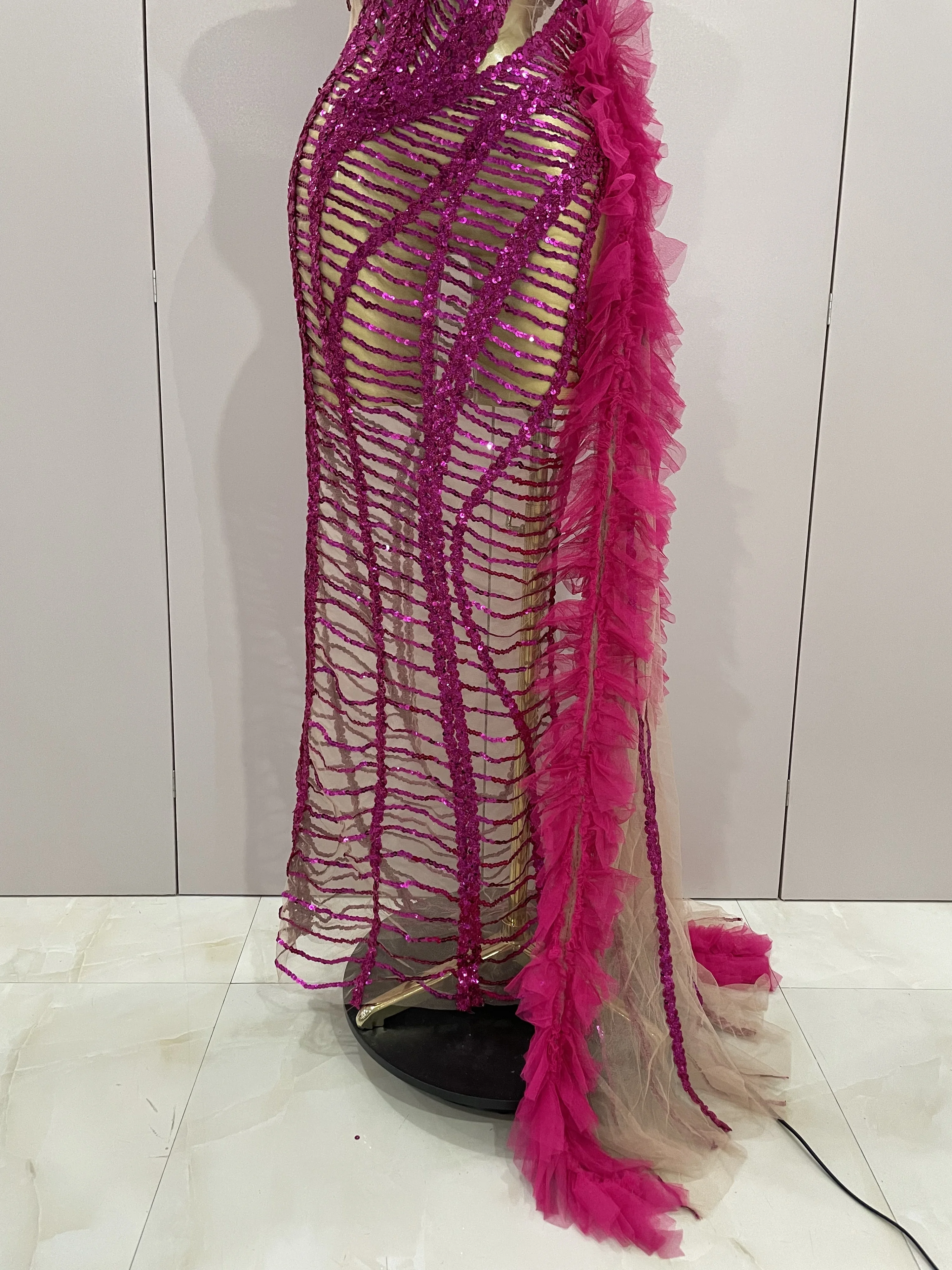 ประกายเลื่อมเซ็กซี่ตาข่ายซีทรูหางยาวชุดผู้หญิงงานแต่งงานฉลองชุดราตรีงานพรอมวันเกิดชุดไนท์คลับเครื่องแต่งกาย