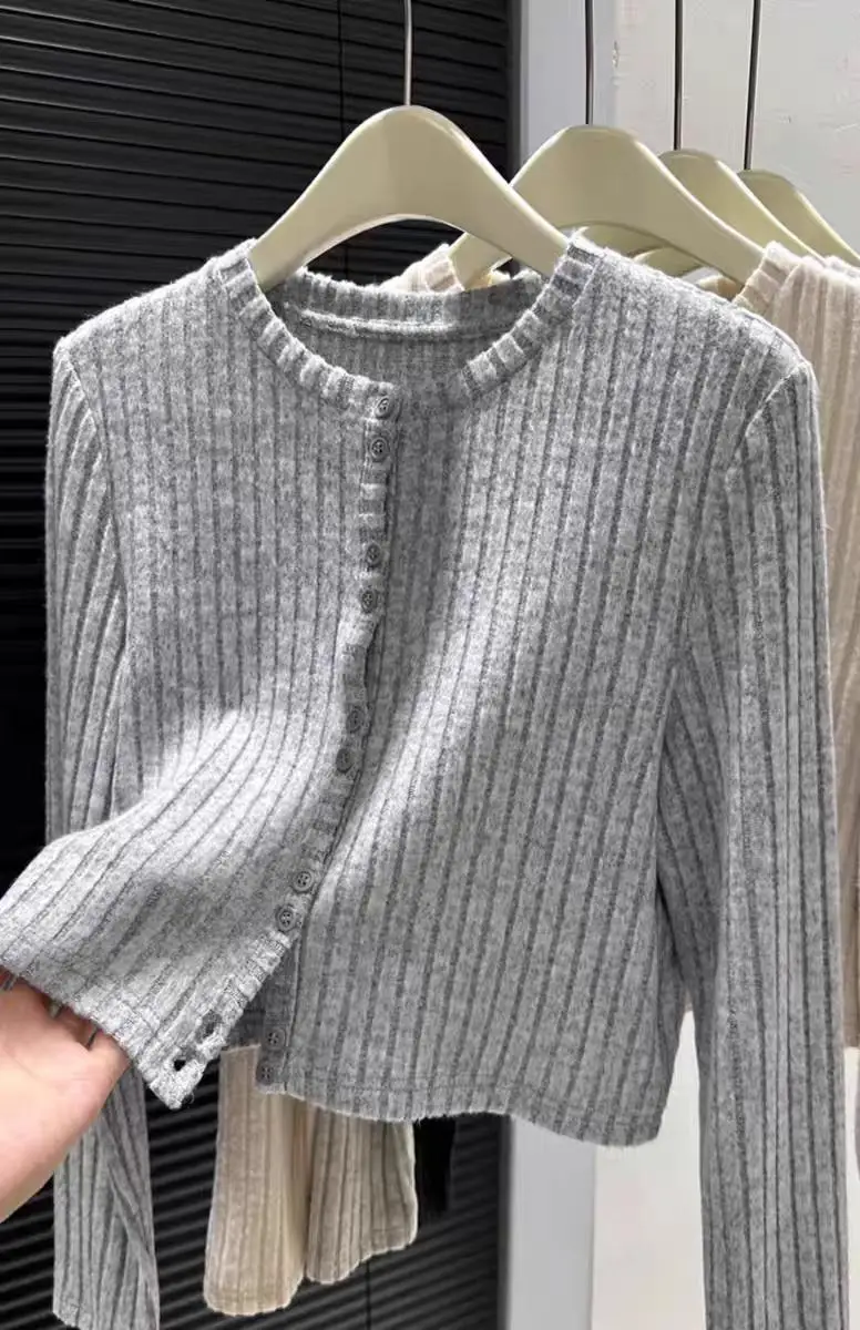 

European American Fashion Simple Ribbed Knit Cardigan Women's Long Sleeve Short Sweater Autumn Winter