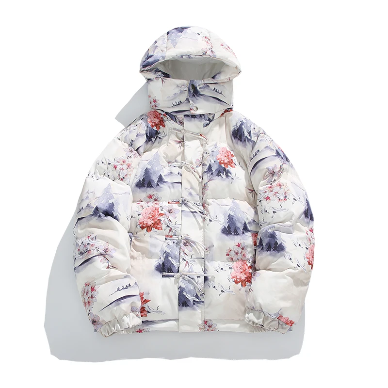 

Men Cotton Padded Jacket Fashion Winter Couple Print Jacket Hooded Zipper Windproof Parkas Male Casual Thick Coats Unisex Parkas