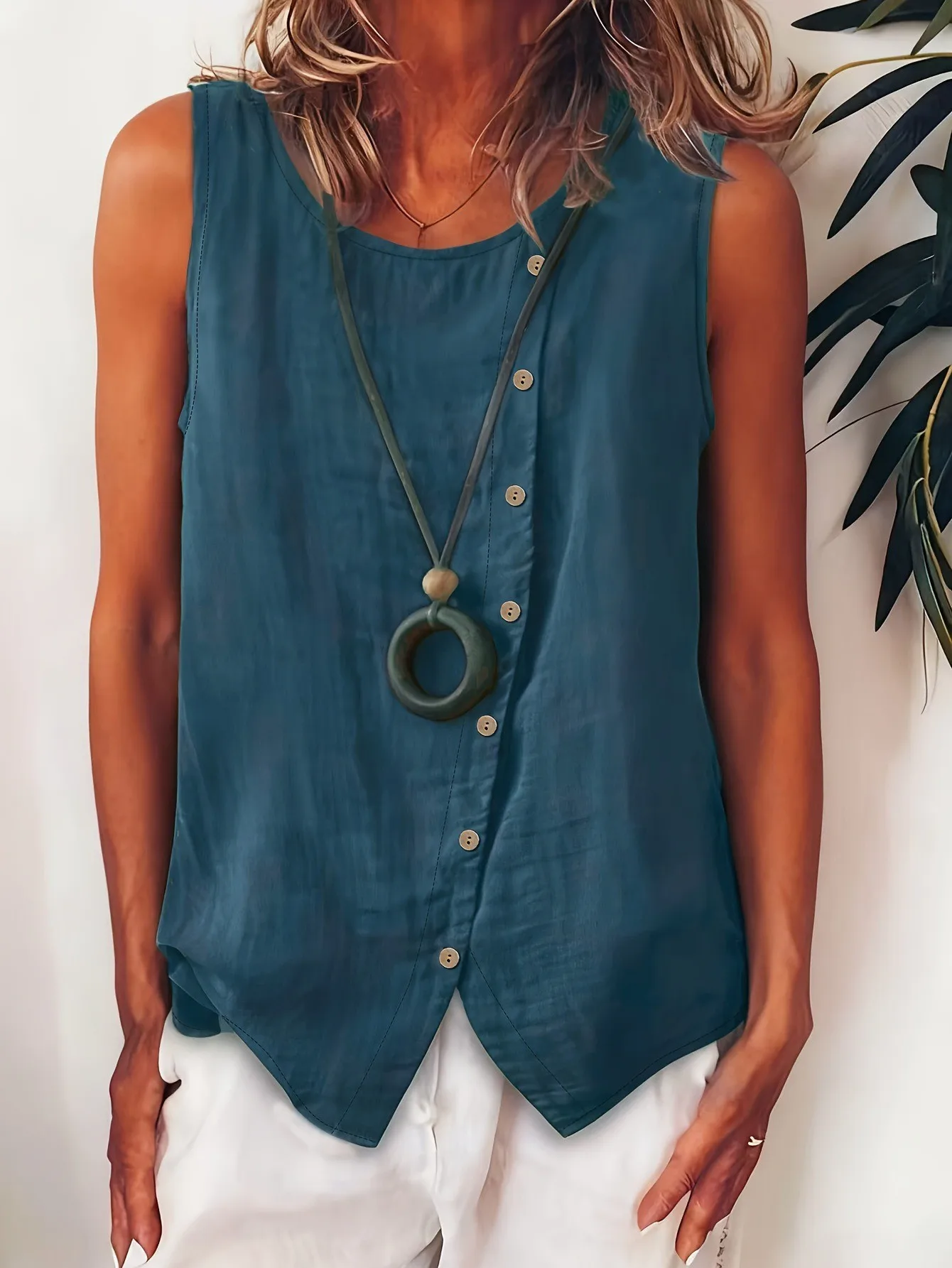 Women's Blouses And Shirts Vintage Casual Button Front Sleeveless Blouses Summer Boho Solid Color Neck Asymmetrical Hem Tank Top