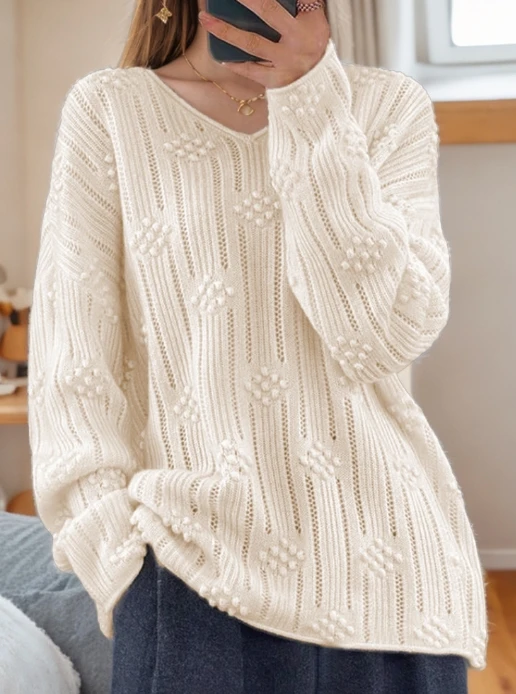 

Oversized Women's Knitted Sweater Autumn Winter Solid Color Long Sleeve Hollow Jacquard Light V-Neck Pullover Hooded Sweater Top