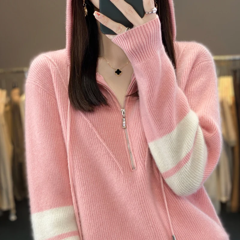 100% pure sweater women\'s new casual color matching zipper thick hooded loose knit pullover in autumn and winter 2023.