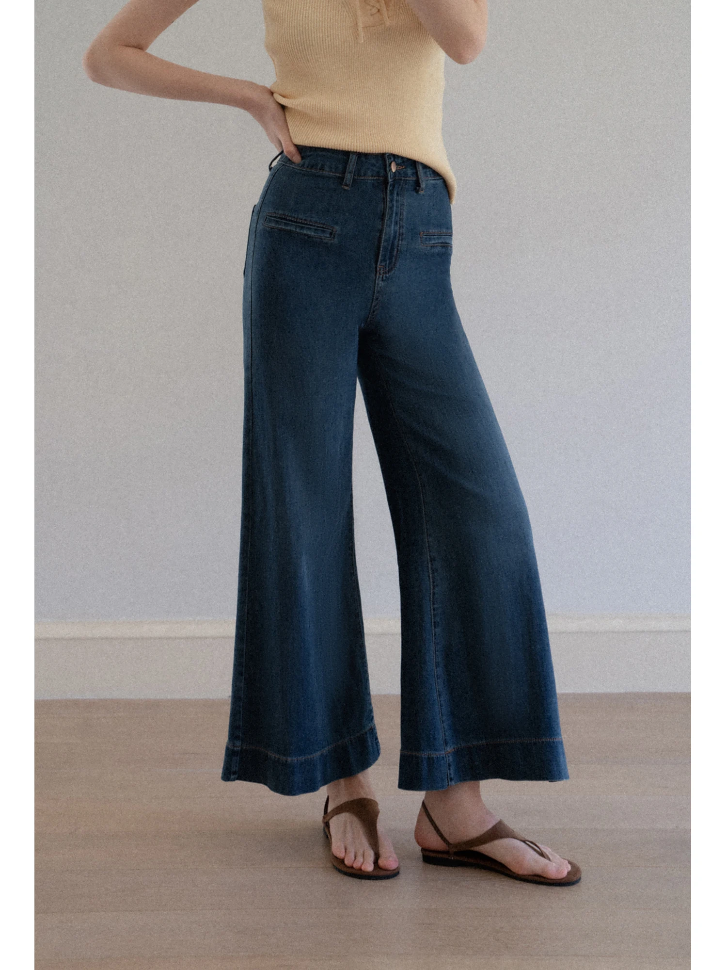 

Deep Blue High Waist Retro One Pocket Flared Wide Leg Casual Long Jeans Women Summer Loose Slimming Loose Fit Casual Pants